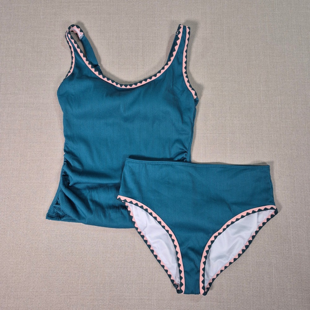 Teal Pink Ribbed Tankini Two-Piece Swimsuit  Scallop Trim Size M